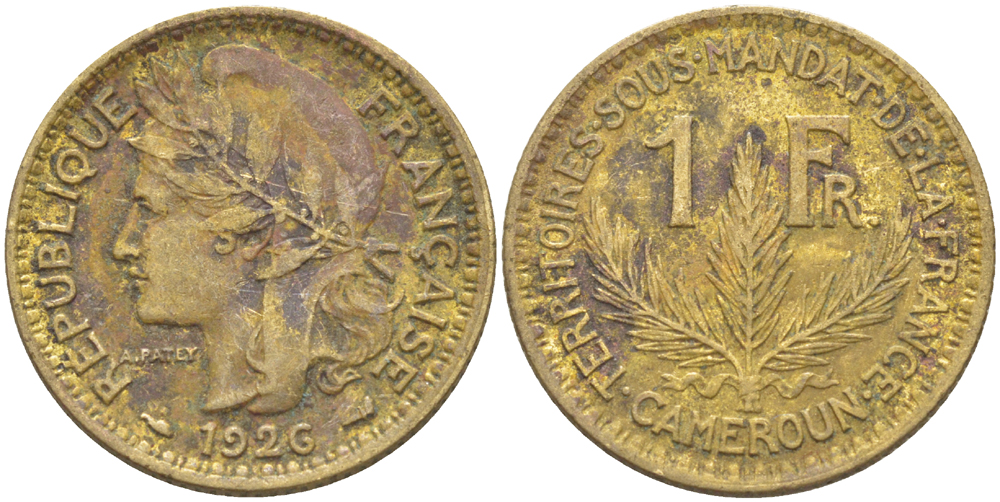 Французский Камерун 1 франк 1926 (а), монетный двор Париж KM 2 алюминиевая бронза 72-454