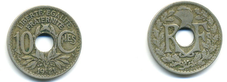 Франция 10 сантимов 1921 тип Линдайё KM 866a, Le Franc 138.3 медно-никель 83-316