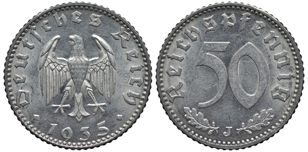Германия 50 рейхспфеннигов 1935 J J. 368, KM 87 алюминий UNC 00-817-38