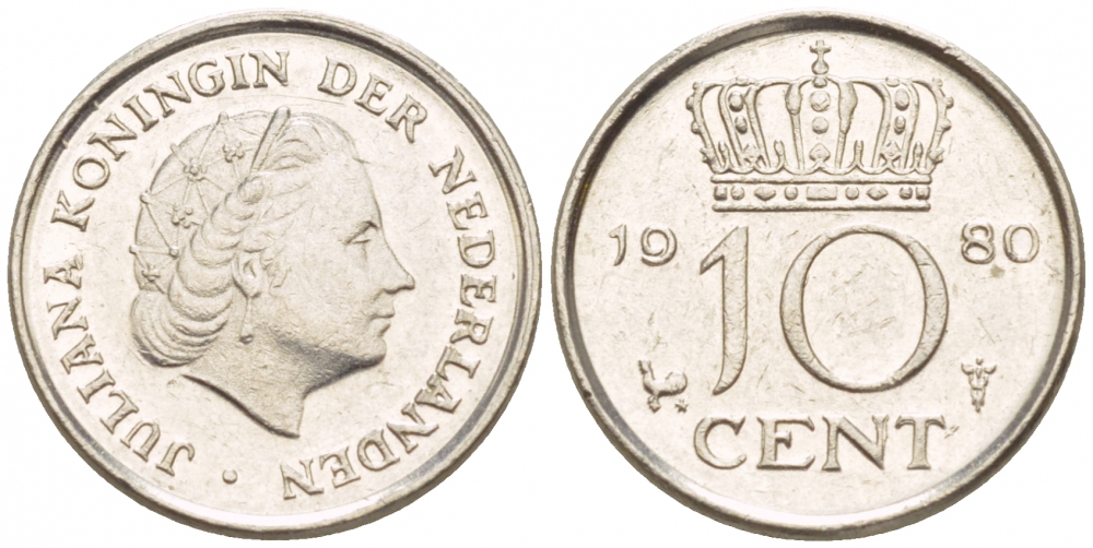 Нидерланды 10 центов 1980 Юлиана (1949-1980) KM 182 никель 4547-853