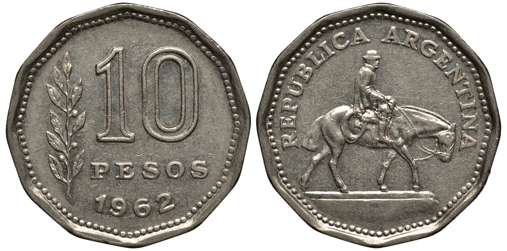 Аргентина 10 песо 1962 Гаучо KM 60 никелированная сталь XF- 4182-511