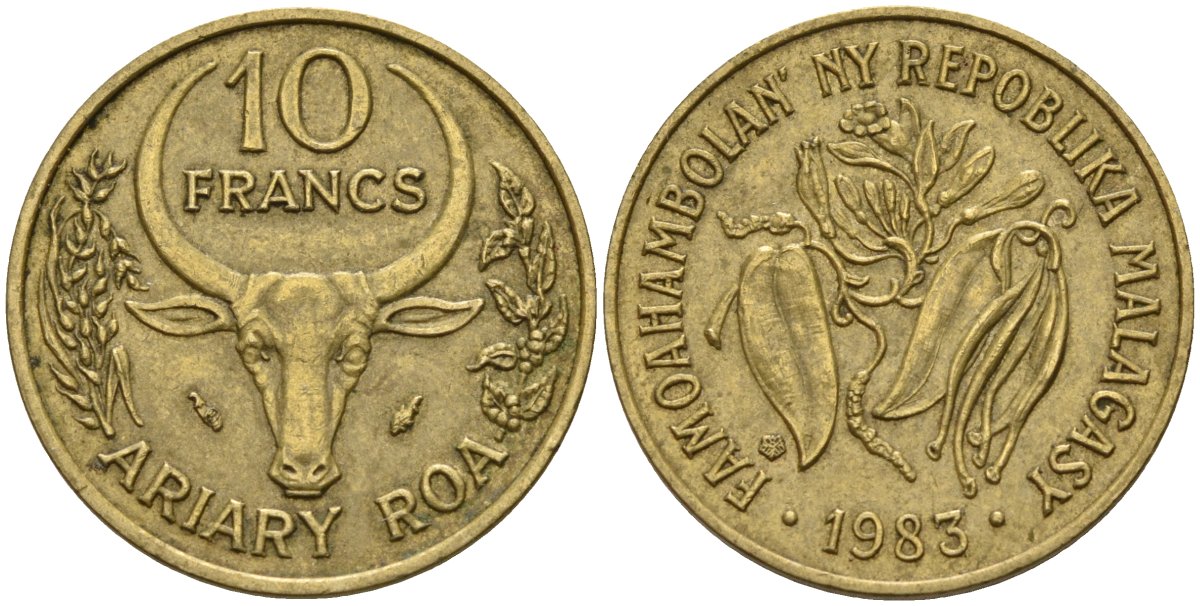 Мадагаскар 10 франков 1983 KM 11 алюминиевая бронза 4141-623