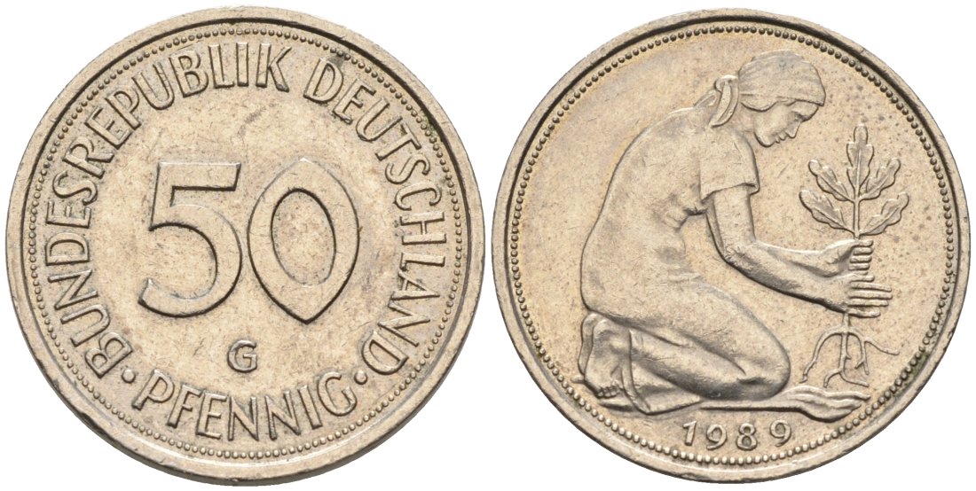 ФРГ 50 пфеннигов 1989 G, посади свое дерево КМ 109.2, J. 384a медно-никель 4573-136