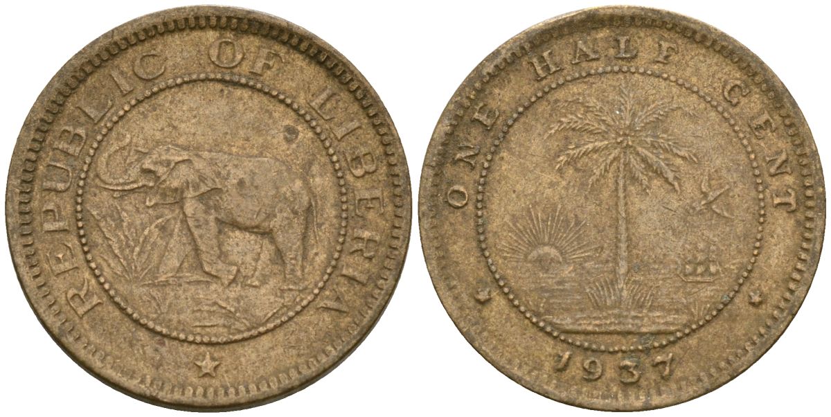 Либерия 1/2 цента 1937 KM 10 латунь 4174-337