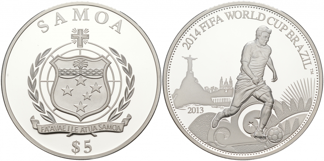 Самоа 5 тала 2013 FIFA, Чемпионат мира по футболу в Бразилии 2014 KM NEW серебро PROOF 11-039-35