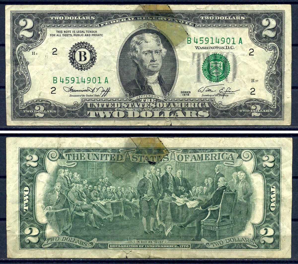 США 2 доллара 1976 Томас Джефферсон, B - New York (NY) (Нью-Йорк), серия B 45914901 A Pick 461  бумага   8601-25-1-2