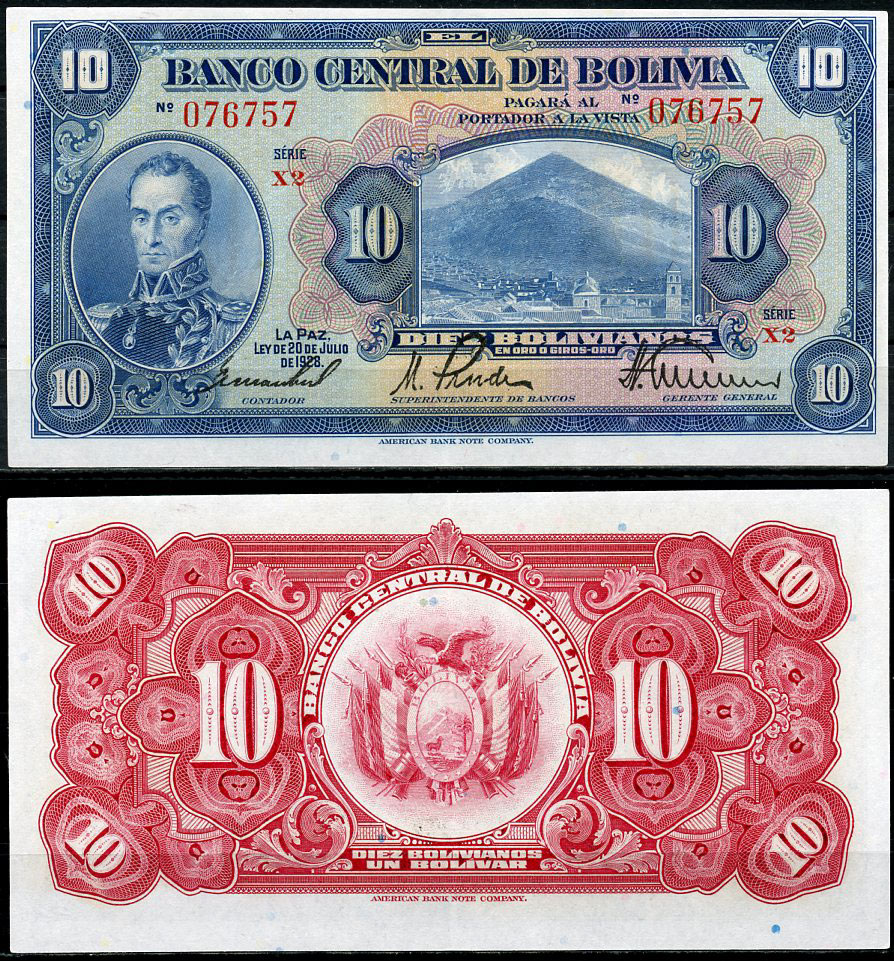 Боливия 10 боливиано 1928 серия X2, Симон Боливар Pick 121 a (8)  бумага  UNC (пресс) 451-776-3