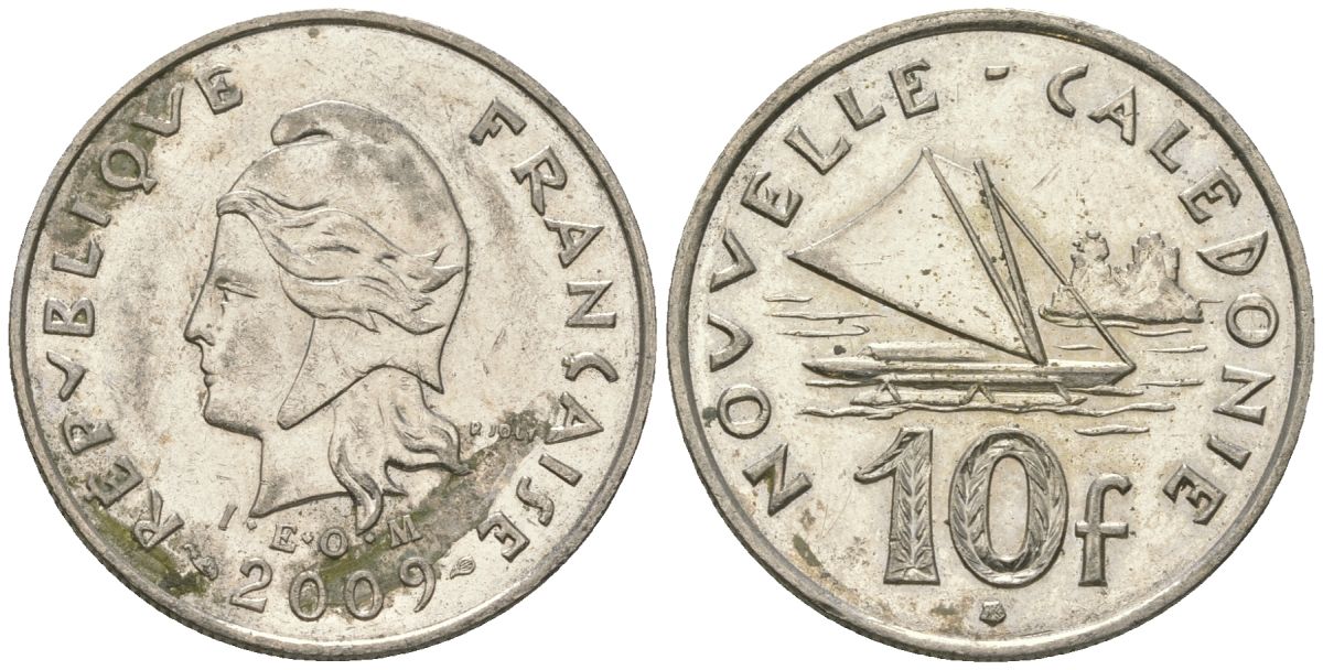 Французская Новая Каледония 10 франков 2009 рыбачья парусная лодка, (IEOM) KM 11a, Schoen 13a, Lec 99k медно-никель 60-951