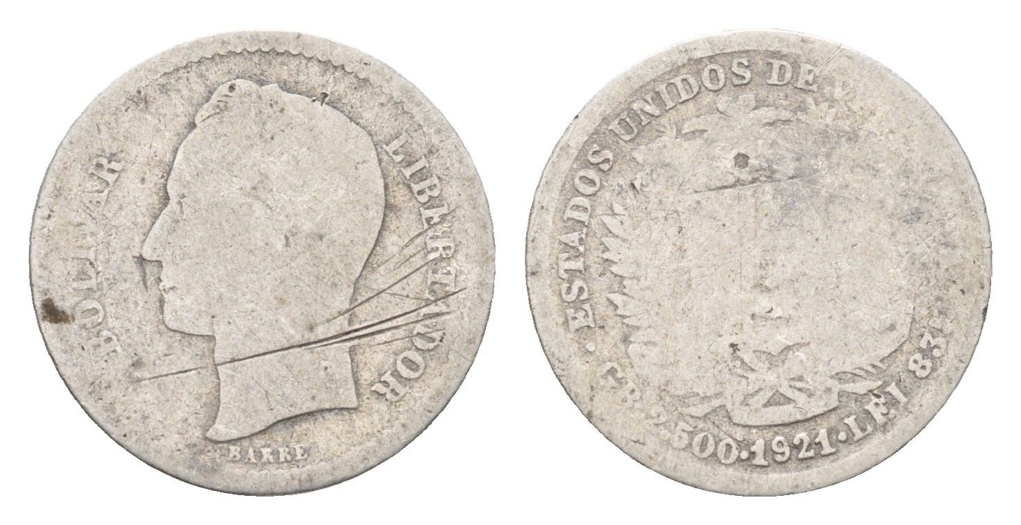 Венесуэла 1/2 боливара 1921 Y 21 серебро 4152-656
