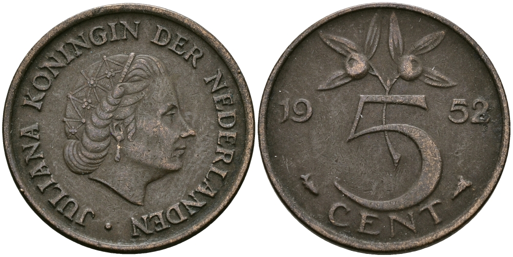 НИДЕРЛАНДЫ 5 ЦЕНТОВ 1952 ЮЛИАНА KM 181 бронза 95-253
