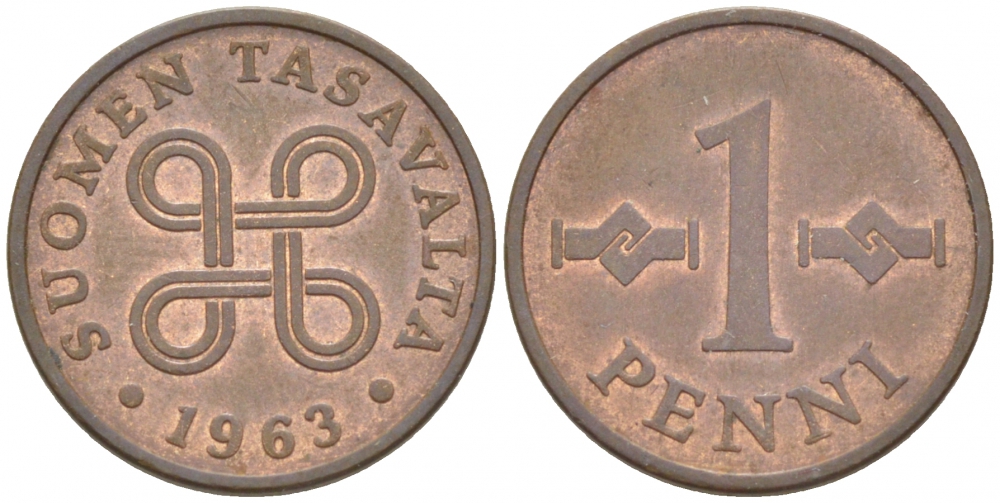 Финляндия 1 пенни 1963 первый год KM 44 медь 3718-111