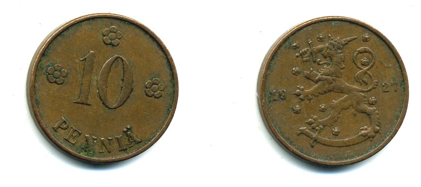 Финляндия 10 пенни 1927 республика (1918-1962) KM 24 медь 46-1614