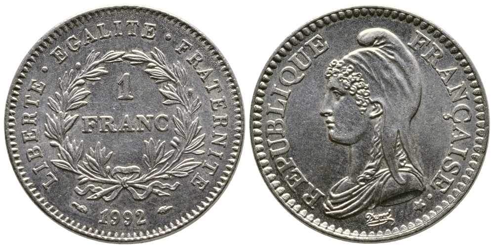 Франция 1 франк 1992 200 лет Французской республике KM 1004.1, Le Franc 229.2 никель 91-136
