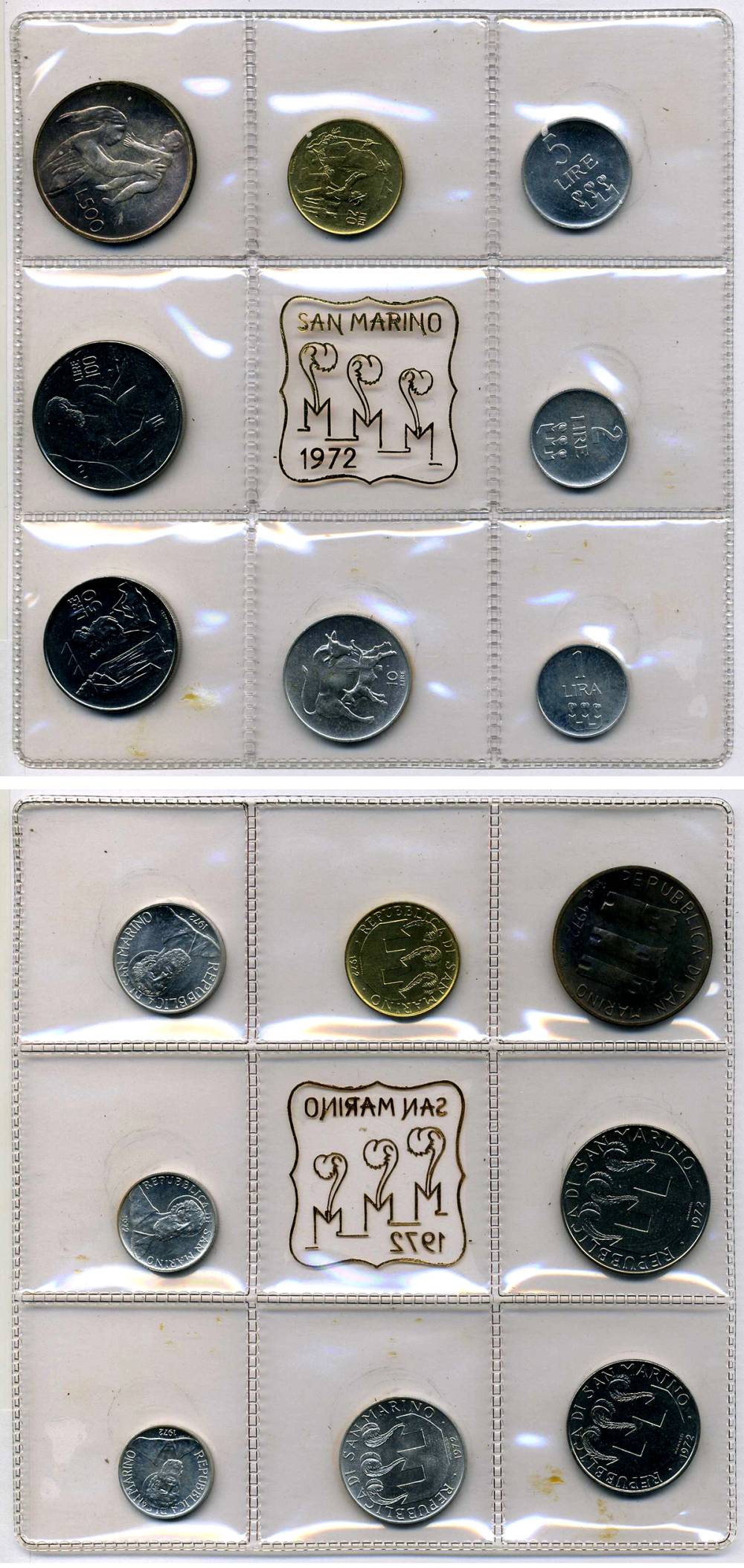 Сан-Марино годовой набор из 8 монет 1972 1, 2, 5, 10, 20, 50, 100 и 500 лир мать поднимает ребенка в воздух KM 14-21, в оригинальной пластиковой запайке серебро KM MS1 серебро UNC 3-4-5-15