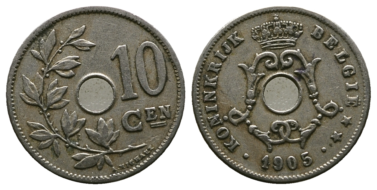 БЕЛЬГИЯ 10 САНТИМОВ 1905 BELGIE KM 53 медно-никель 261-1327