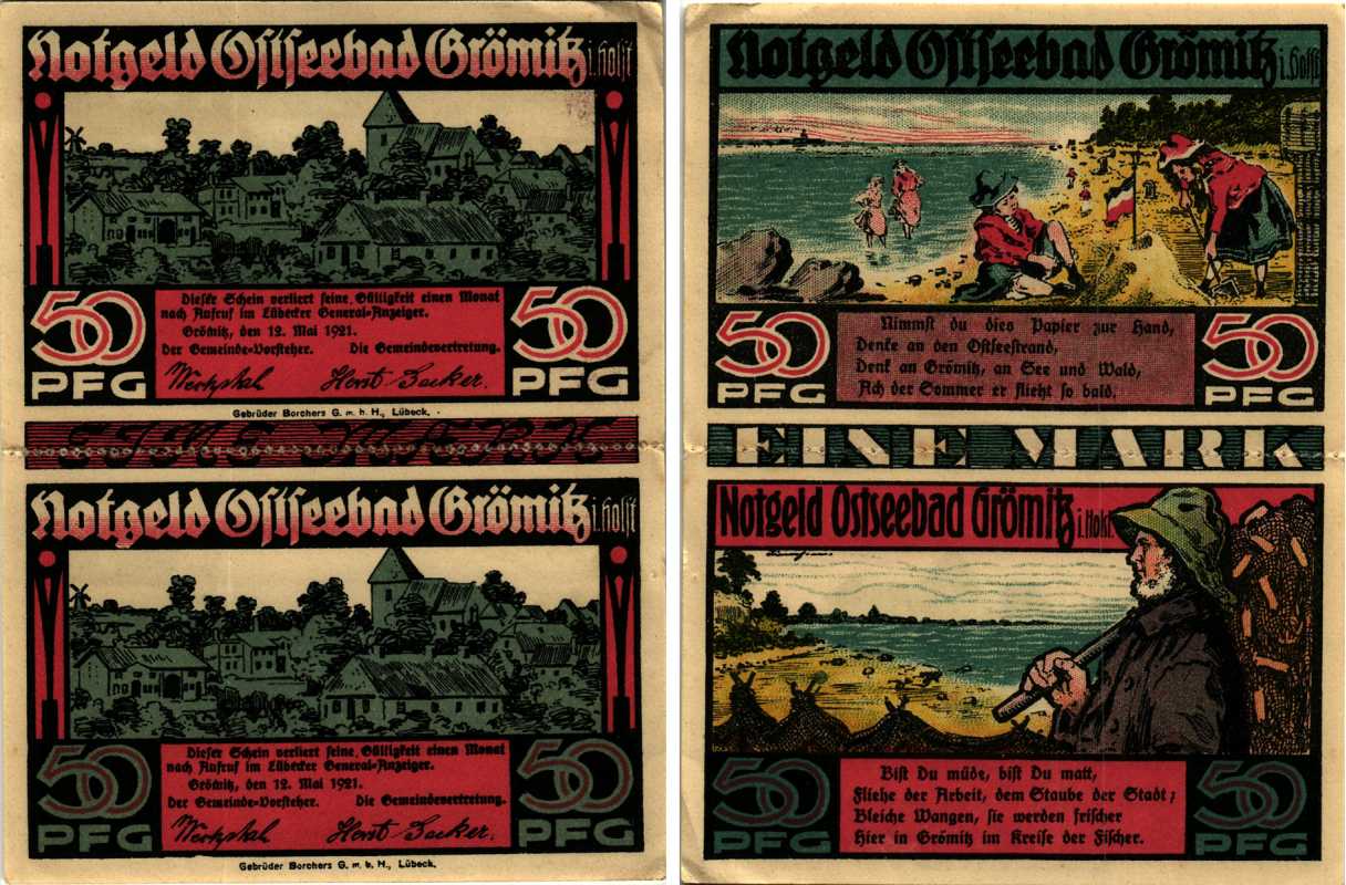 ГРЁМИЦ, ГЕРМАНИЯ 1 МАРКА 1921 НОТГЕЛЬД, ЗЕМЛЯ ШЛЕЗВИГ-ГОЛЬШТЕЙН, 12 МАЯ 1921, ПЕРФОРАЦИЯ, 50 + 50 ПФЕННИГОВ ARNOLD KELLER 474.1 бумага 7487-52-2-1