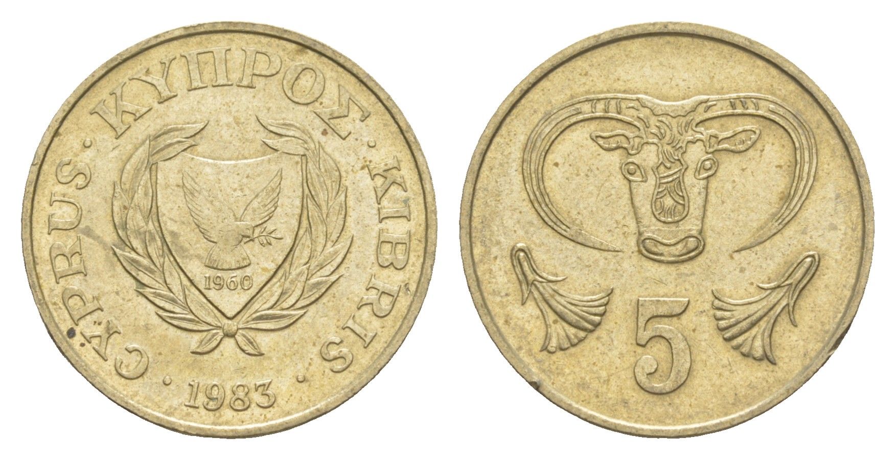 Кипр 5 центов 1983 голова быка KM 55.1 никель латунь UNC 4649-1158