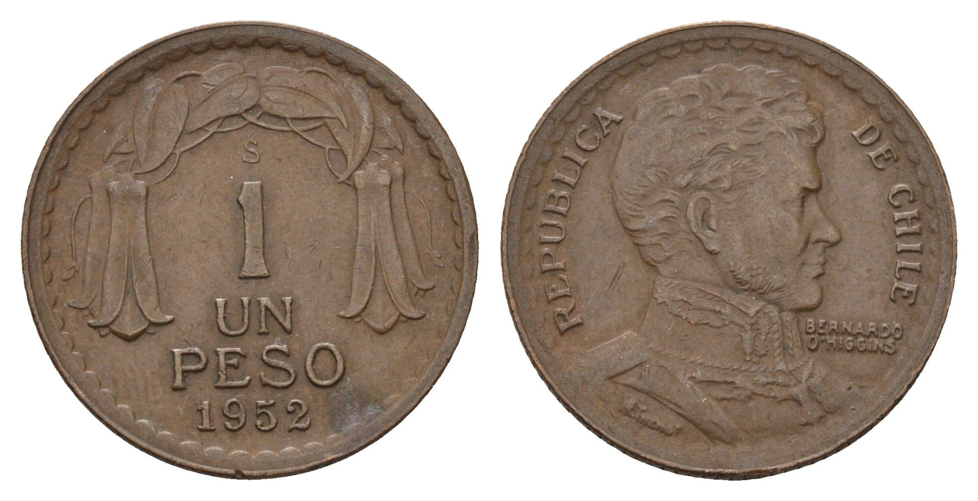 Чили 1 песо 1952 KM 179 медь 4119-1143