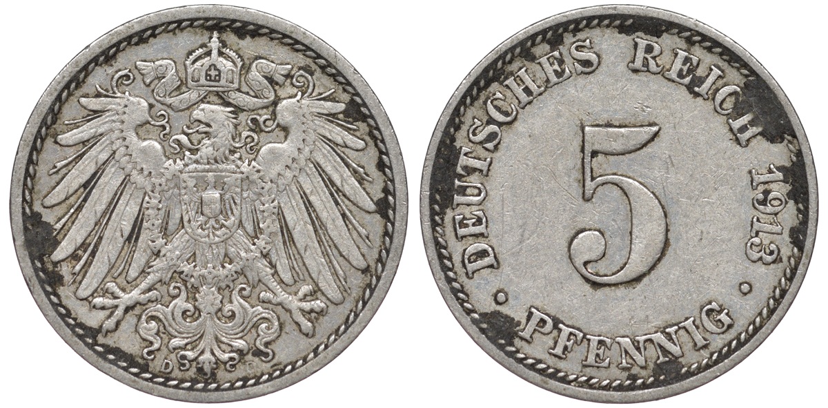 ГЕРМАНИЯ 5 ПФЕННИГОВ 1913 D, KM 11, J. 12 медно-никель 45-1136