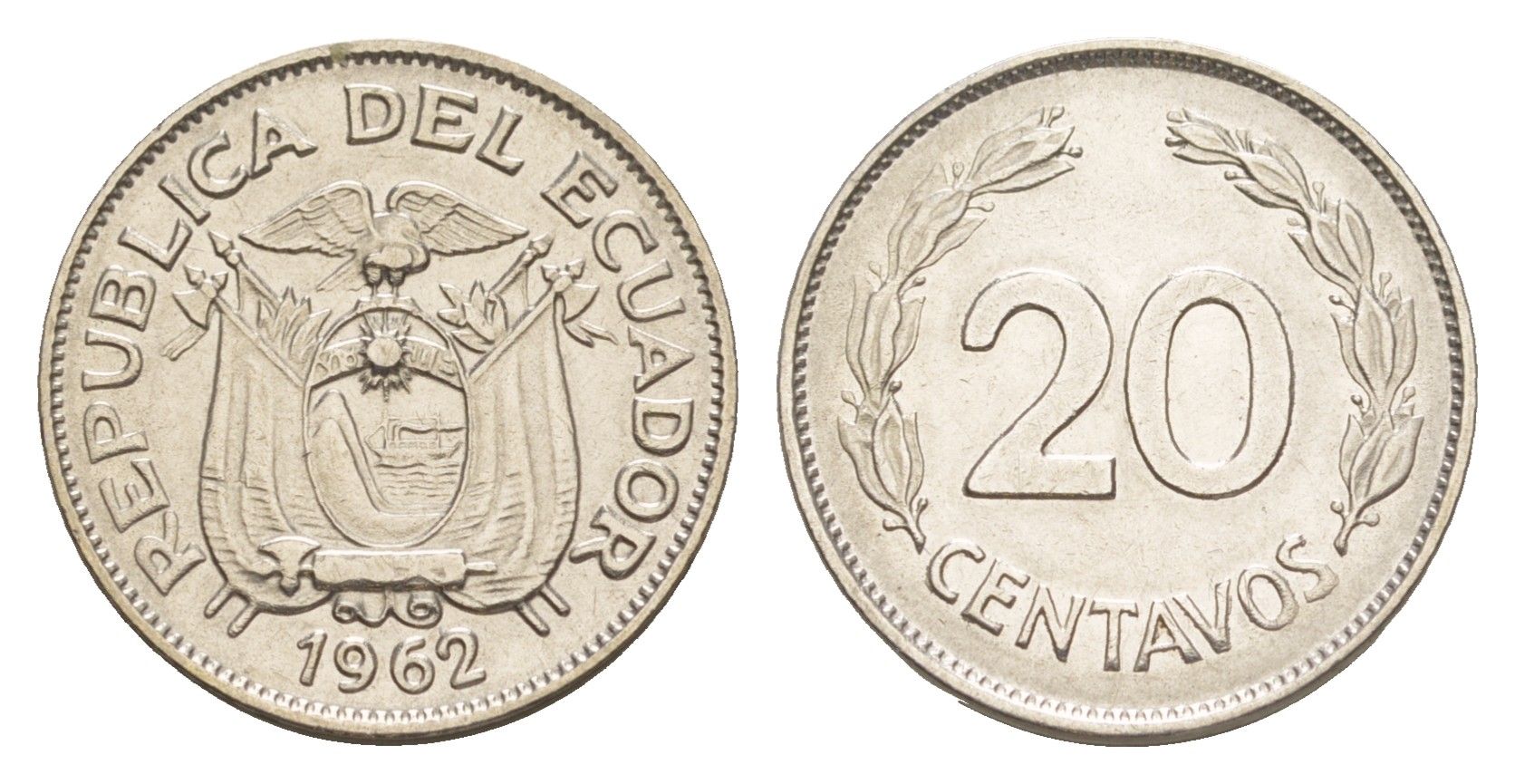 Эквадор 20 сентаво 1962 KM 77.1c сталь плакированная никелем 4640-1227
