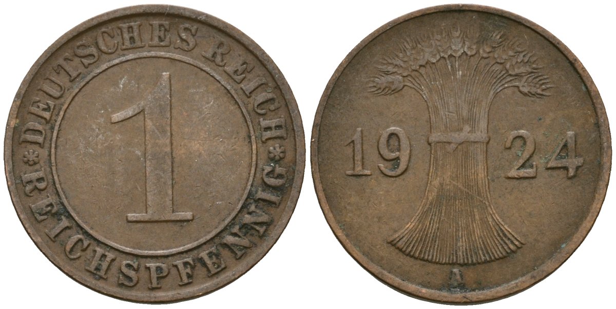 Германия 1 рейхспфенниг 1924 A KM 37, J. 313 бронза 4189-1062