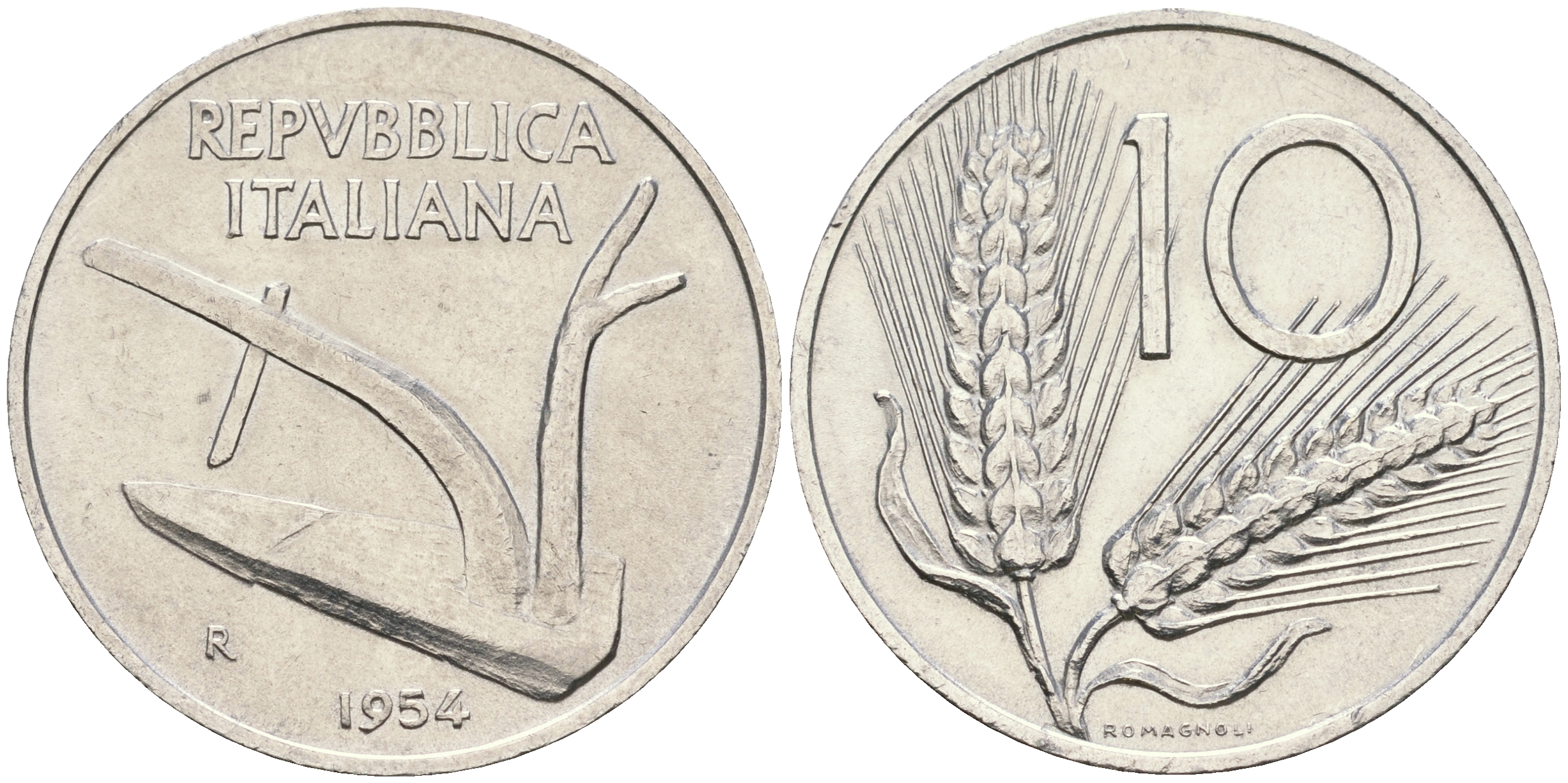 Италия 10 лир 1954 R, плуг KM 93 алюминий    217-117
