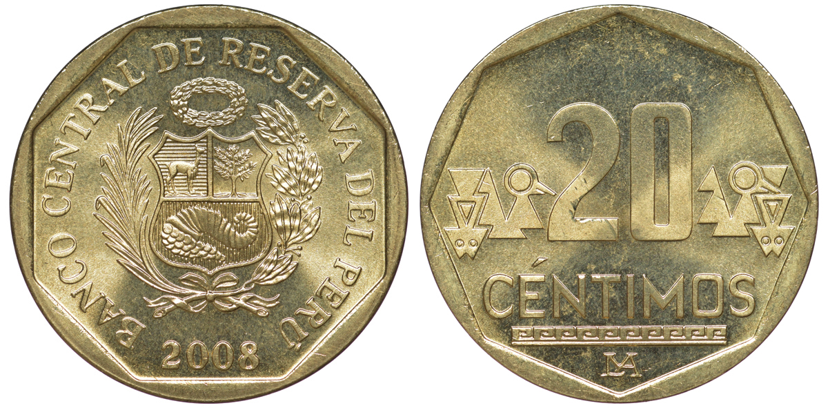 Перу 20 сентимо 2008 KM 306.4 латунь aUNC 4605-533