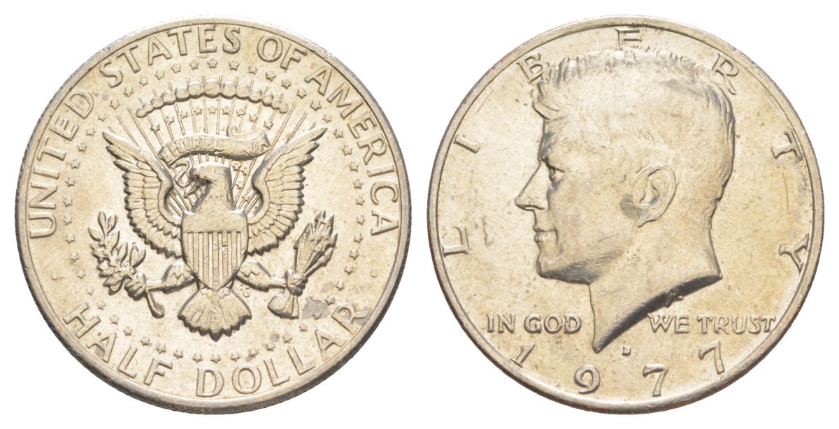 США 1/2 доллара (50 центов) 1977 D, Джон Кеннеди KM A202b медь плакированная медно-никелем aUNC 4536-1141