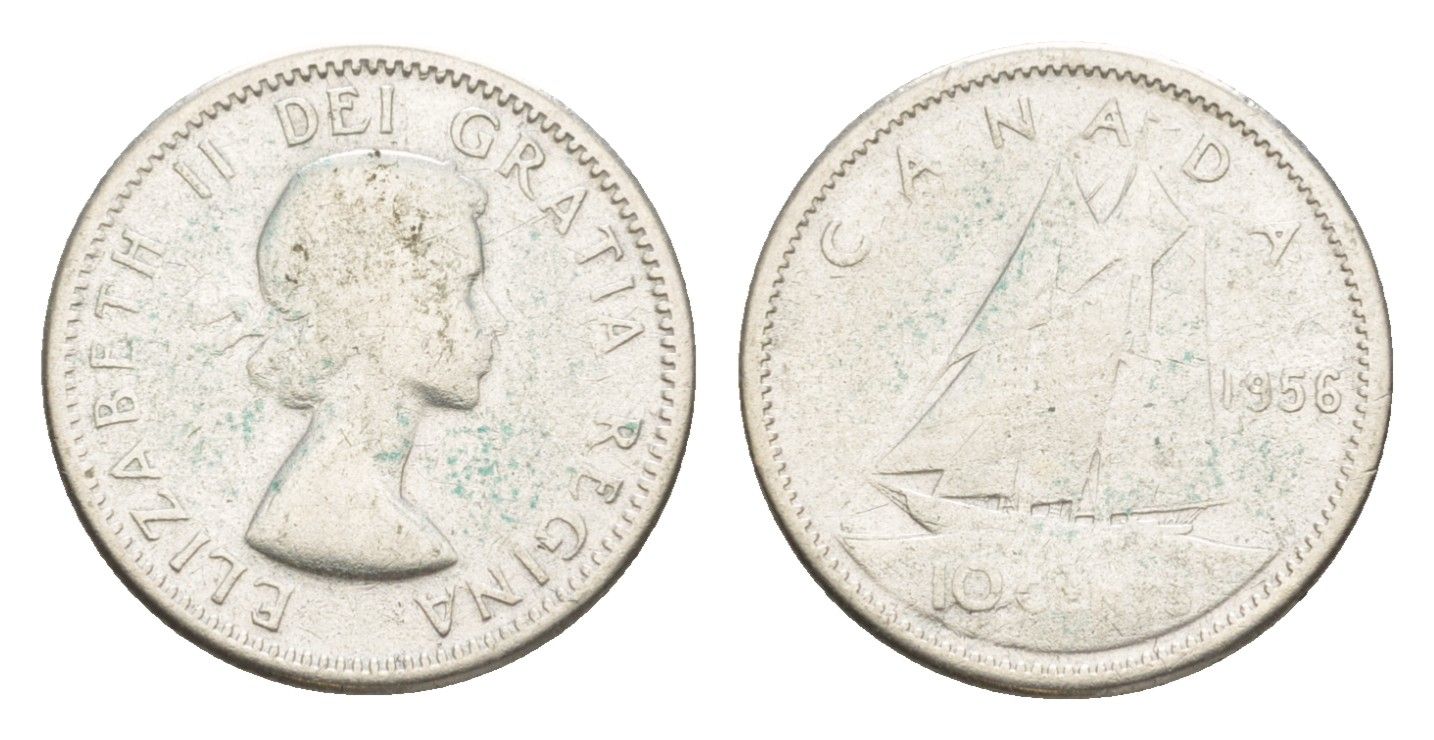 Канада 10 центов 1956 Елизавета II (1952-2022), парусник KM 51 серебро 4639-565