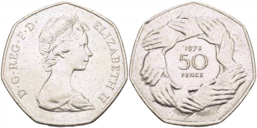 Великобритания 50 пенсов 1973 Елизавета II (1952-2022), вступление в Европейское экономическое сообщество KM 918, Spink 4224 медно-никель UNC 115-1131