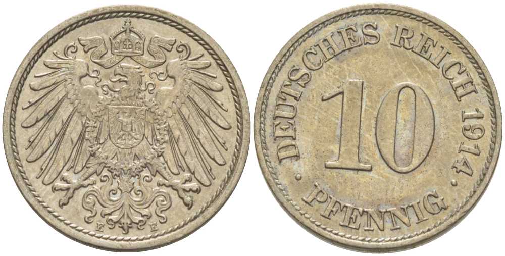 ГЕРМАНИЯ 10 ПФЕННИГОВ 1914 E KM 12, J. 13, Weege 8 медно-никель 212-245