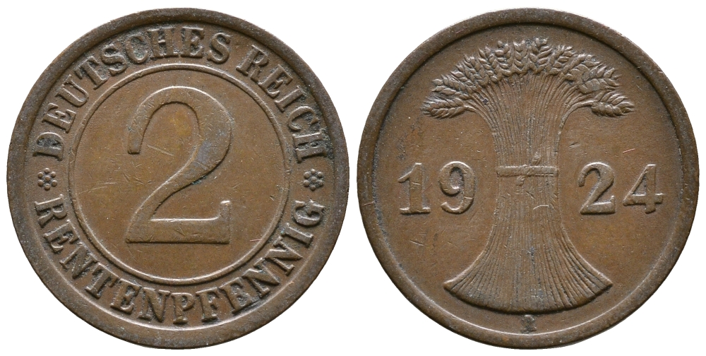 ГЕРМАНИЯ 2 РЕНТЕНПФЕННИГА 1924 A KM 31, J.307 бронза 86-855
