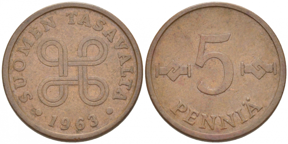 ФИНЛЯНДИЯ 5 ПЕННИ 1963 ПЕРВЫЙ ГОД KM 45 медь 3718-118
