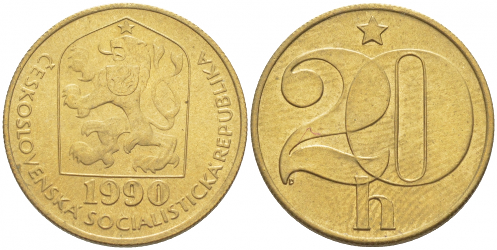 Чехословакия 20 геллеров 1990 KM 74 латунь 3309-731