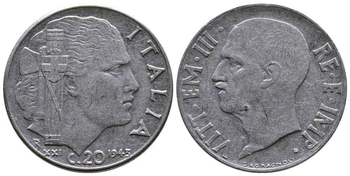 Италия 20 чентезимо 1943 R, Виктор Эммануил III (1900-1946), XXI год KM 75b, VEM3. 1031 нержавеющая сталь 4622-354