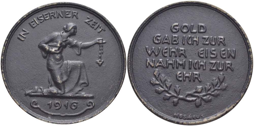 Германия медаль 1916 благотворительная медаль за сдачу золота для военных нужд армии, диаметр 41 мм.  железо    4527-531