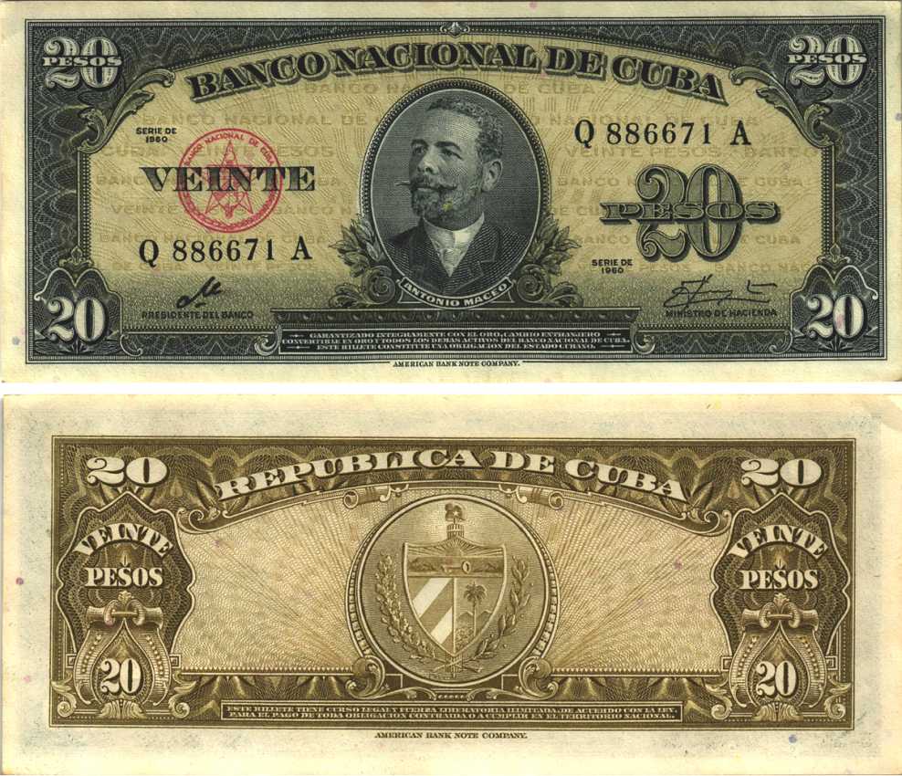 Куба 20 песо 1960 подпись Че Гевара, Антонио Масео Pick 80 c бумага аUNC 7191-32-3-2