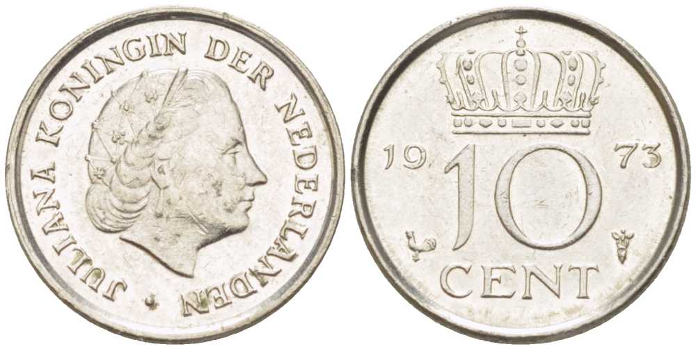 НИДЕРЛАНДЫ 10 ЦЕНТОВ 1973 ЮЛИАНА (1948-1980) KM 182 никель 214-1269