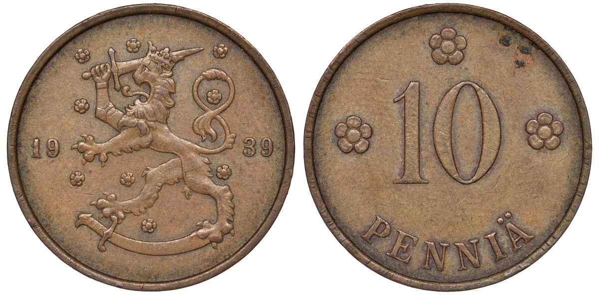 Финляндия 10 пенни 1939 KM 24 медь 51-3151