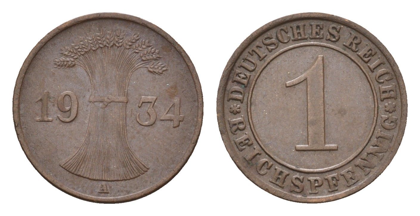 Германия 1 рейхспфенниг 1934 A KM 37, J. 313 бронза 4685-419