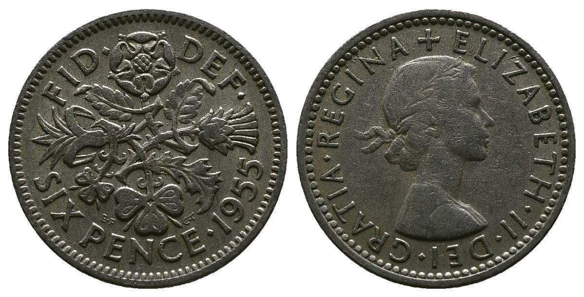 Великобритания 6 пенсов 1955 Елизавета II (1952-2022) KM 903, Spink 4149 медно-никель 4381-647