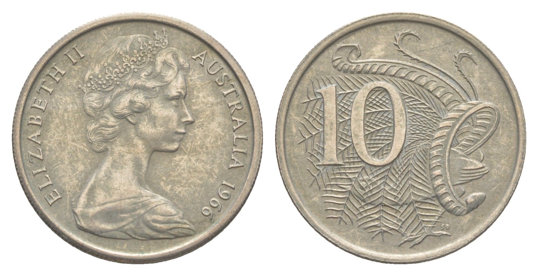 Австралия 10 центов 1966 Елизавета II (1952-2022), птица лирахвост KM 65 медно-никель 4364-3112