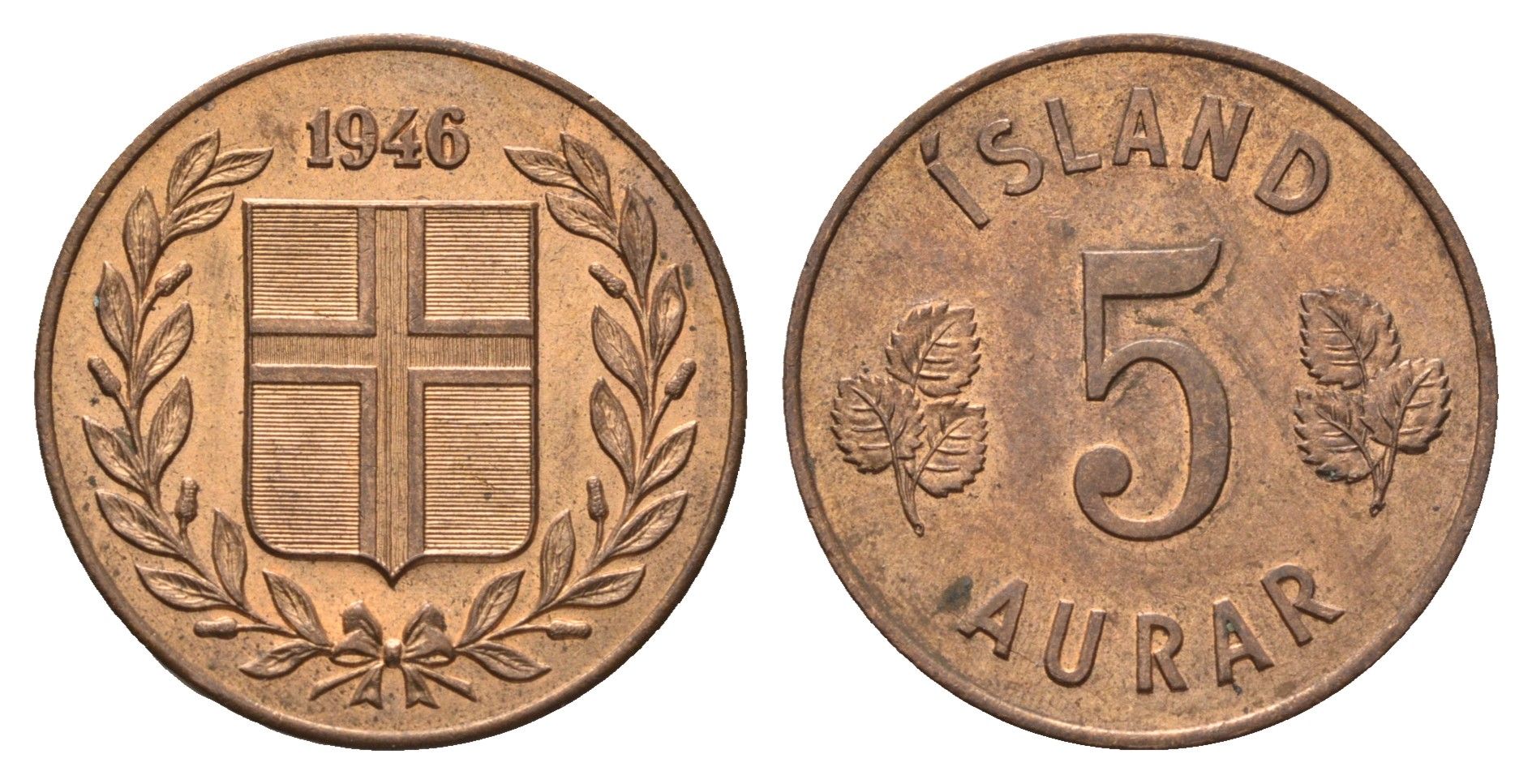 Исландия 5 эйре 1946 KM 9 бронза UNC 4695-517
