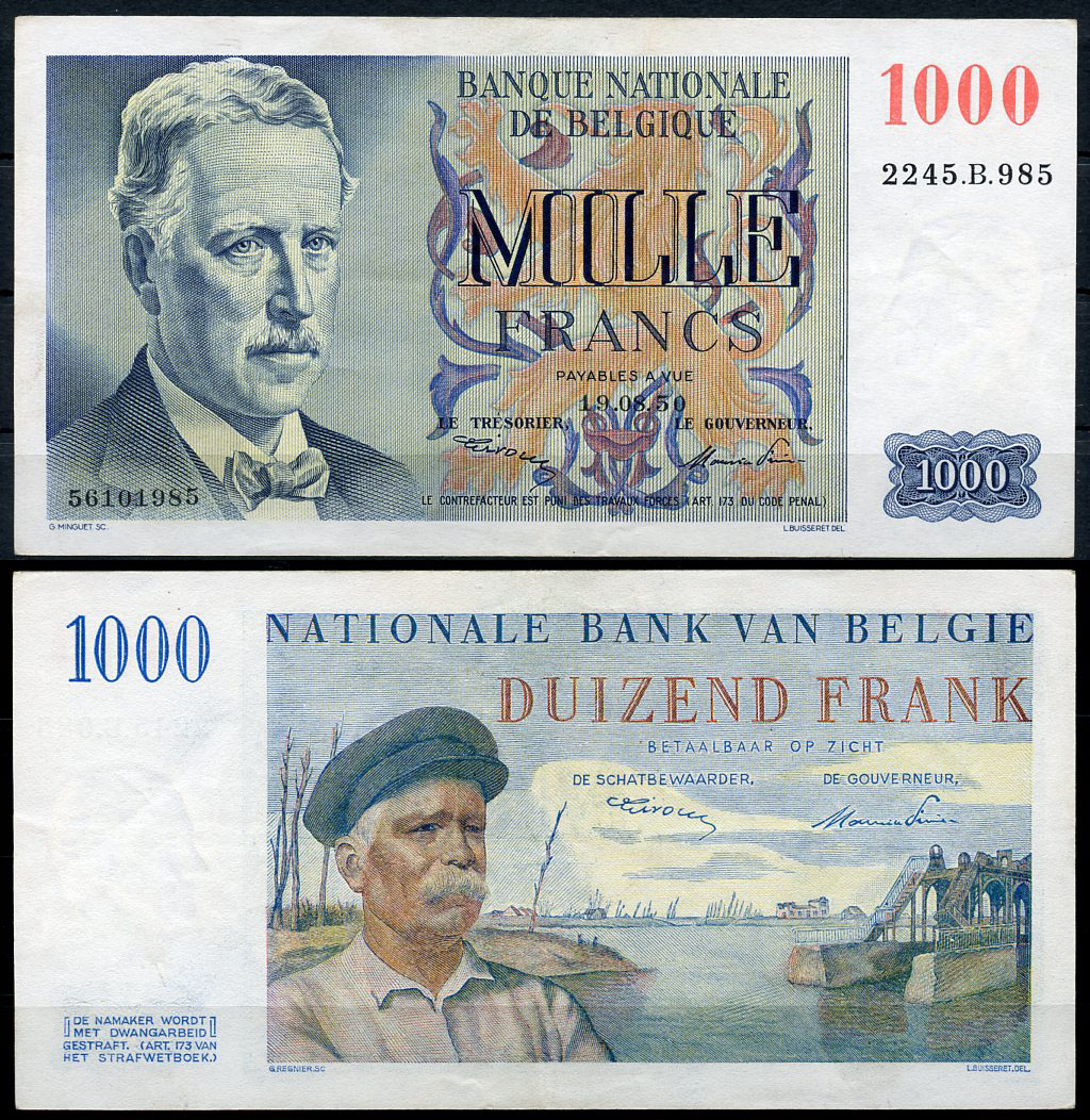 Бельгия 1000 франков 1950 Альберт I (1875-1934), Хендрик Герарт Pick 131 a (1)  бумага   451-710-2