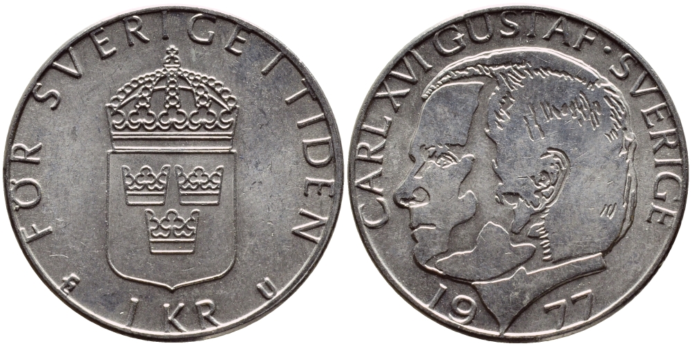 Швеция 1 крона 1977 Карл XVI Густав (1973- ) KM 852 медь плакированная медно-никелем 4397-815