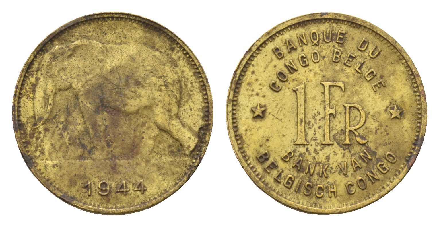 Бельгийское Конго 1 франк 1944 слон, Леопольд III KM 26 латунь 4669-416