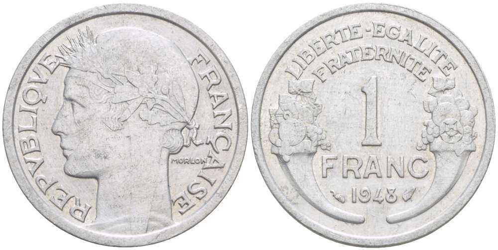 ФРАНЦИЯ 1 ФРАНК 1948 ТИП MORLON, LEGERE KM 885a.1, LE FRANC 221.13 алюминий 4519-832
