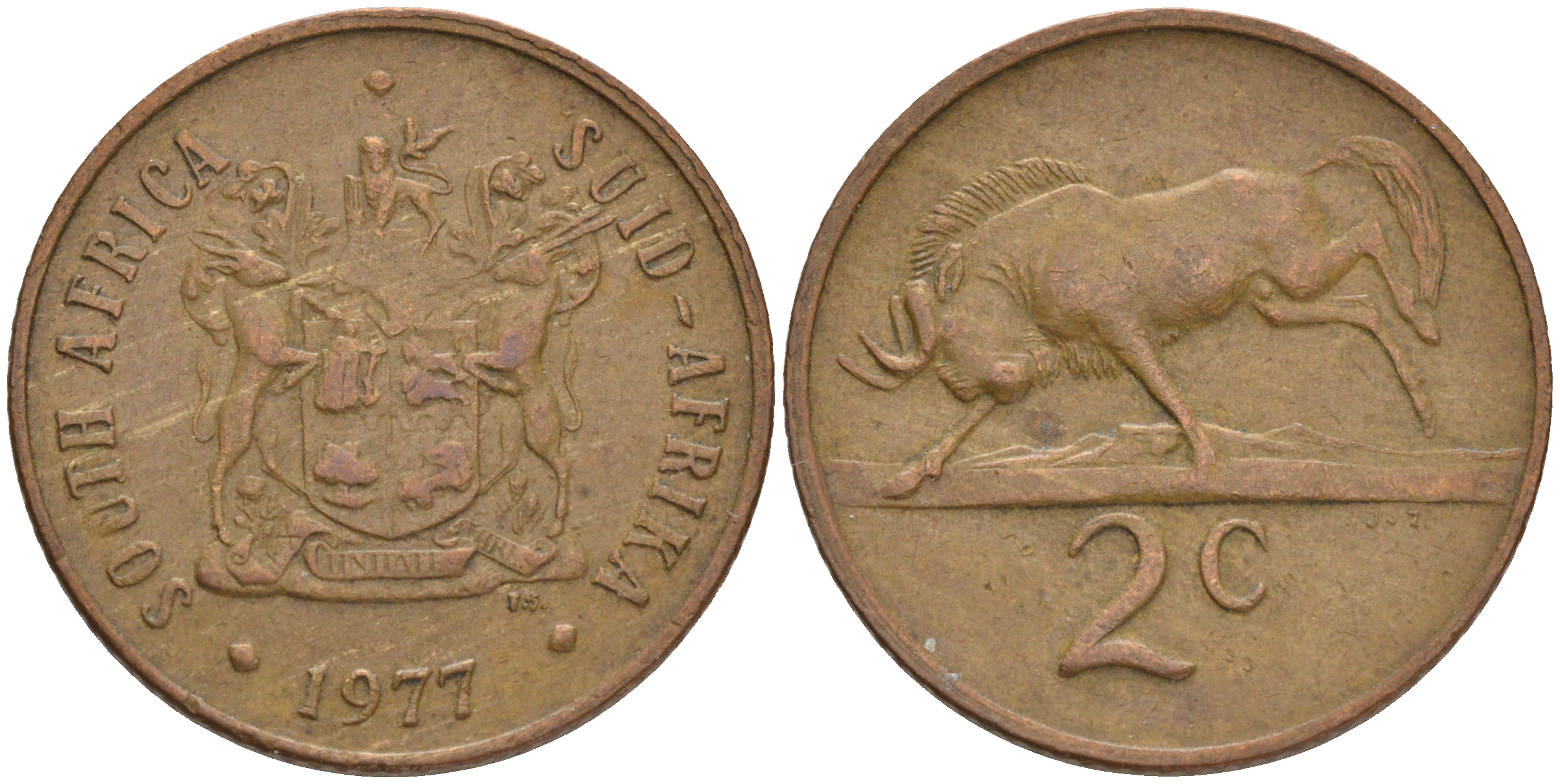 ЮАР 2 цента 1977 герб, антилопа гну KM 83 бронза 4561-721