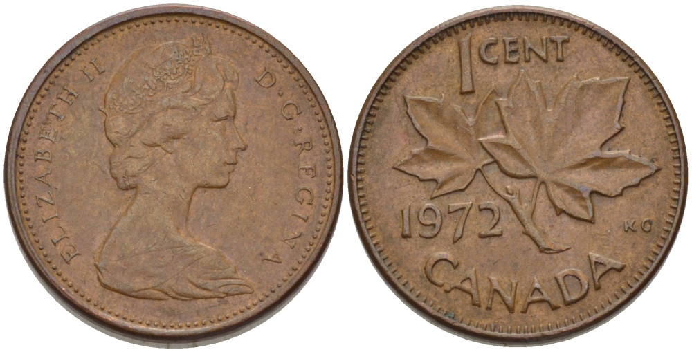 Канада 1 цент 1972 Елизавета II (1952-2022), кленовый лист KM 59.1 бронза 3334-1232