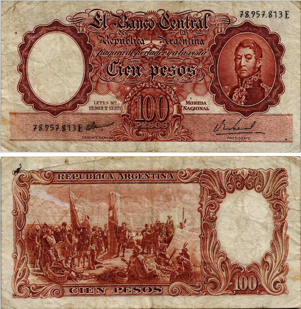 АРГЕНТИНА 100 ПЕСО 1967 СЕРИЯ Е 78957, ГЕНЕРАЛ САН МАРТИН, ПОДПИСЬ EGIDIO IANNELLA - PEDRO S. REAL Pick 277 бумага 7204-57-1